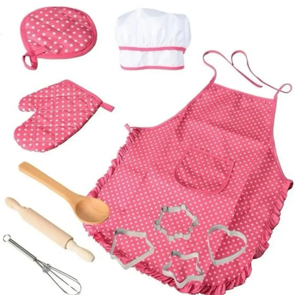 Rirool Kids Chef Role Play Cooking Set Pink Polka Dot Apron Hat Mitt 11pc Gift
